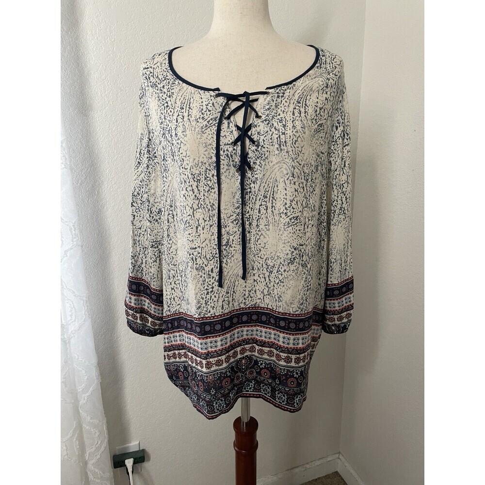 DressBarn Women’s XL Boho Print Peasant Blouse Festival Eclectic Flowy Rayon